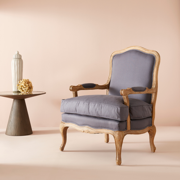 Fauteuil en chêne massif et tissu gris LOUIS XV
